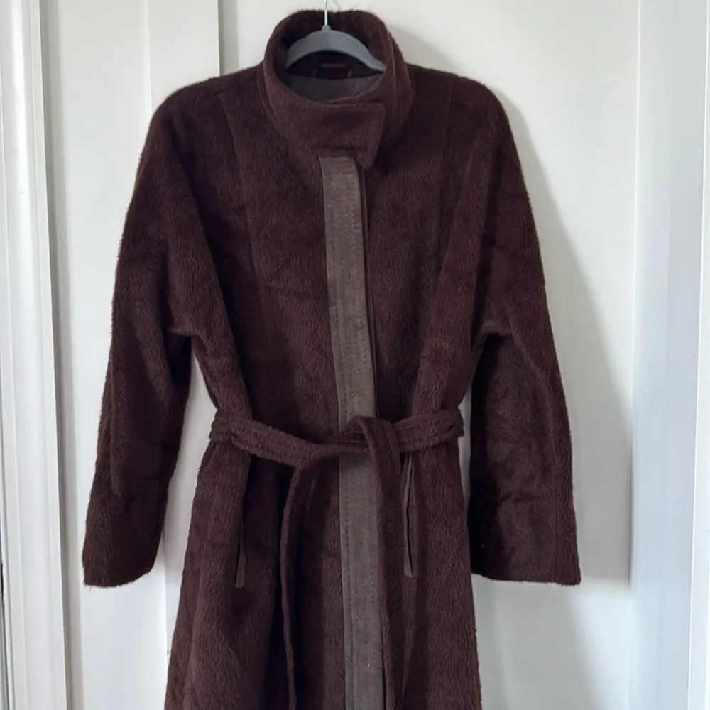 MaxMara Alpaca Wool Chocolate Brown Long Belted Lined Coat Size 12
